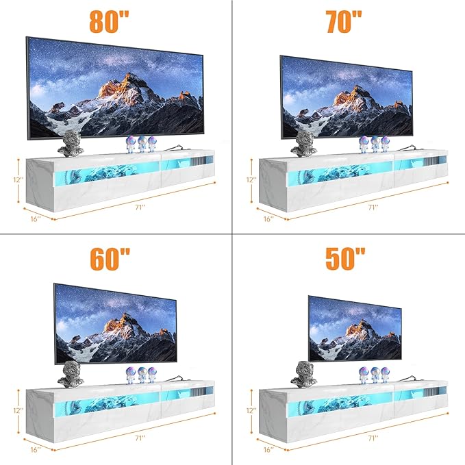 Floating TV Stand with Led Lights, 71 inch Wall Mounted TV Shelf with Power Outlet, Modern Entertainment Center Media Console with Storage Cabinet, Up to 80 Inch TVS, White Slate