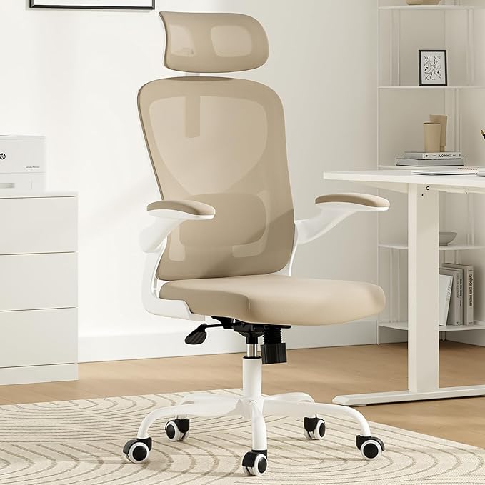 Ergonomic Office Chair, Comfy Home Office Chair High Back Computer Chair with Headrest, Adjustable Back Support, Flip-Up Arms, 90-120° Tilt and Wide Cushion, Up to 300lbs, Khaki+White
