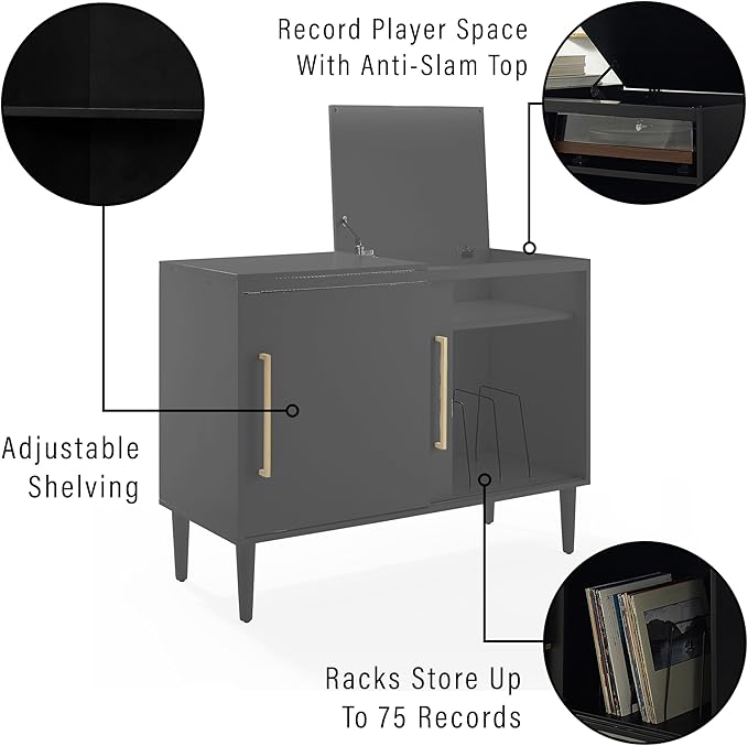 Crosley Furniture Everett Media Console and Record Player Stand with Storage for Vinyl Records, Matte Black