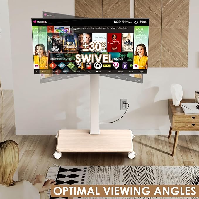 Rolling TV Stand with Power Outlet, Swivel Mobile Portable TV Cart for 32-75 Inch TVs up to 110 lbs, Landscape to Portrait, Height Adjustable Outdoor TV Stand with Wheels, Max VESA 600x400mm