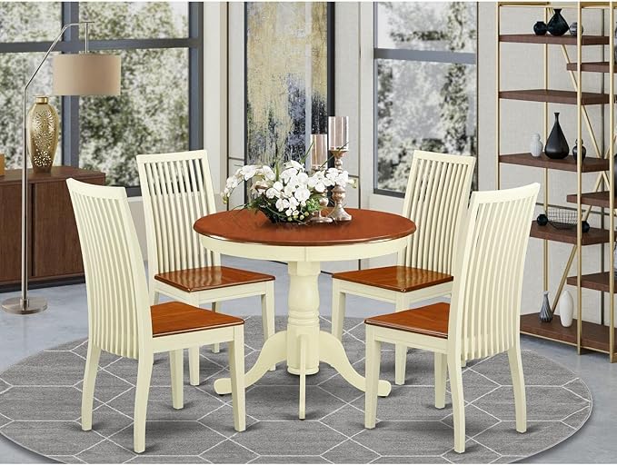 East West Furniture ANIP5-BMK-W 5 Piece Dining Table Set for 4 Includes a Round Kitchen Table with Pedestal and 4 Dining Room Chairs, 36x36 Inch, Buttermilk & Cherry