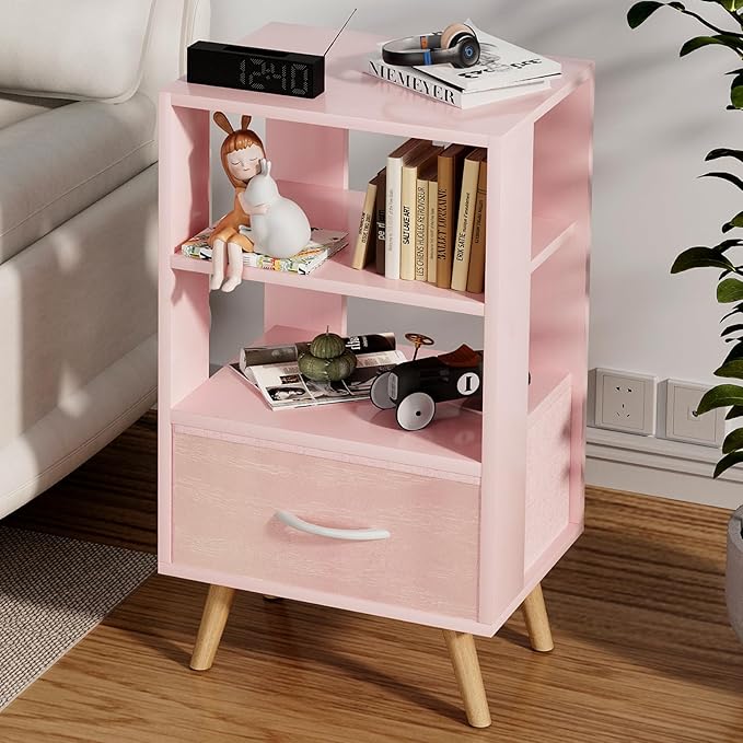 Night Stand, Pink Kids Nightstand with Drawer, Nursery Side Table with Open Storage, 3-Tier Modern End Table, Bedside Table for Small Space, Living Room, Bedroom