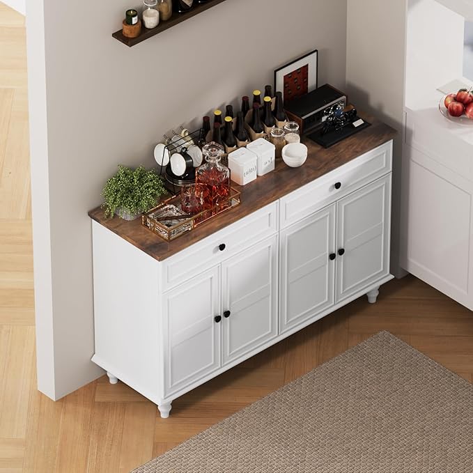 Farmhouse Buffet Cabinet with Storage, 47.6" Buffet Sideboard with 2 Drawers and 4 Doors, Wooden Kitchen Storage with Adjustable Shelves, Rustic Top Console Table for Dining Room, Kitchen or Entryway