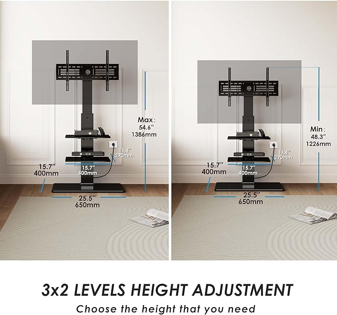 FITUEYES Floor TV Stand for 32-75 inch TV with Power Outlet, Tall TV Mount for Bedroom Living Room with Tempered Glass Base, TV Stand with Mount Holds Up to 88lbs MAX VESA 600x400mm,Black