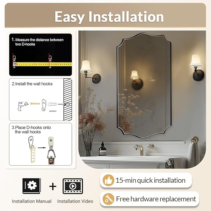 24x40 Black Mirror, Asymmetrical Vanity Mirror, Irregular Wall Mirror for Bathroom, Modern Mirror Wall Mounted Metal Framed for Bathroom, Bedroom, Living Room, Mantel