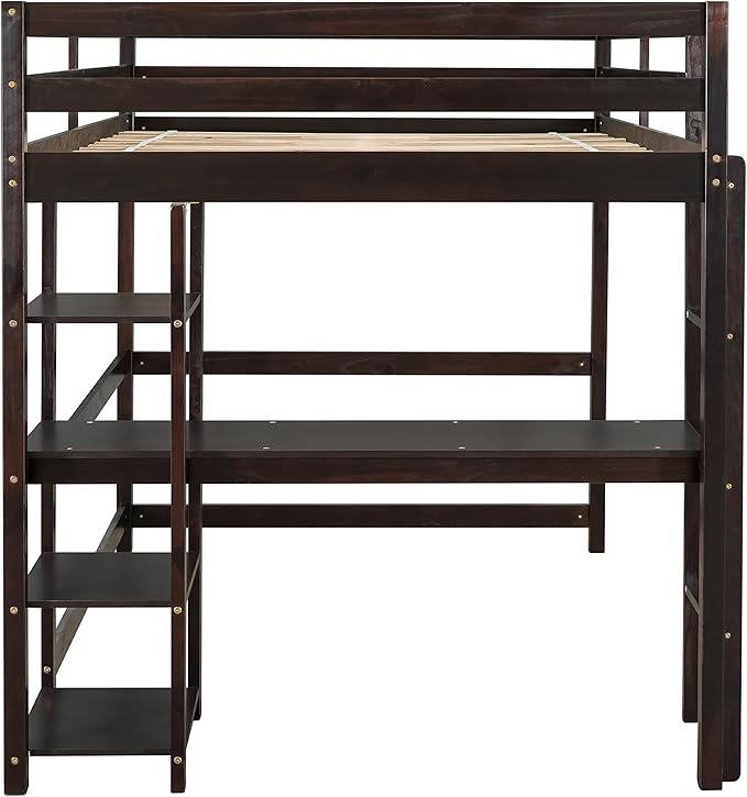 HomSof Full Loft Bed with Desk and Shelves,Espresso
