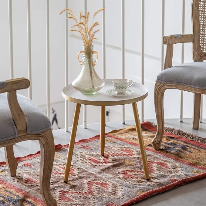 AOJEZOR Side Table: End Table for Any Room - Round Side Tables for Small Spaces - White Top with 3 Gold Legged