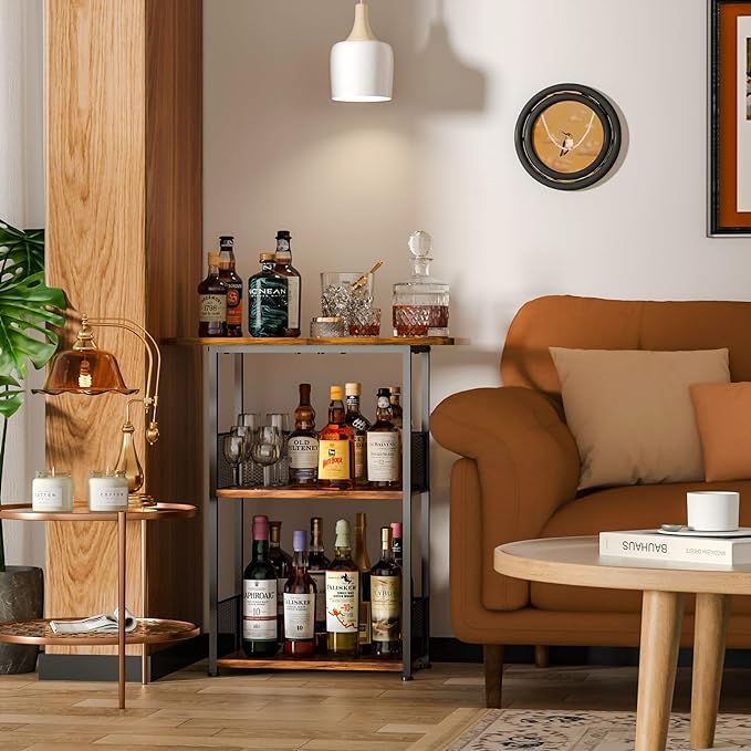 Floor Standing Freestanding Whiskey Rack: 3 Tier Wine Rack Mini Bar Table Corner Wine Bottle Display Stand Liquor Cabinet Bar, for Bottles,Cocktail Shaker,Mugs