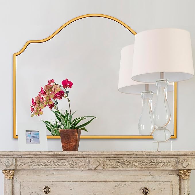 Chende Gold Arched Mirror, 36'' x 24'' Decorative Mirror with Wooden Frame, Elegant Wall Mirror for Living Room, Entryway, Fireplace