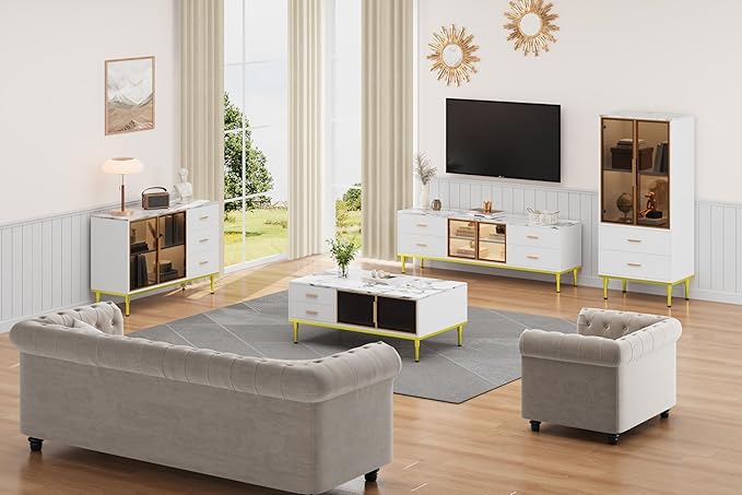 GAOMON Coffee Table for Living Room, Faux Marble Coffee Table with 4 Drawers and Glass Doors Storage, Modern Aesthetic Fluted Panel Design, White & Gold