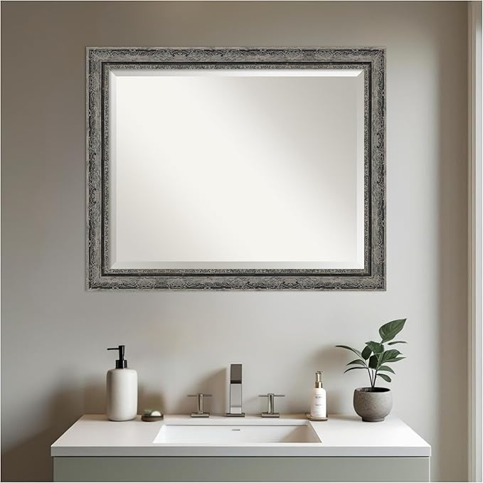 Amanti Art Bathroom Mirror for Over Sink, 27x33 Filigree Matte Black Rectangle Vanity Mirror, Large Traditional Frame, Hangs Horizonally and Vertically, Bathroom Wall Decor, Beveled Edge