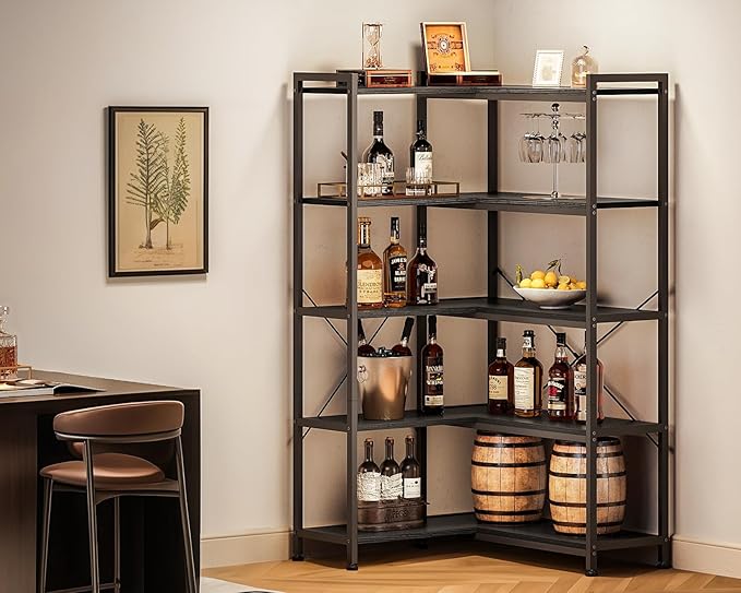 Casaottima Corner Bookshelf 5 Tier, 57 Inches Reversible Book Shelf for Living Room, Industrial Wooden Bookcase with Open Shelves and Metal Frame for Bedroom, Home Office, Kitchen, Black