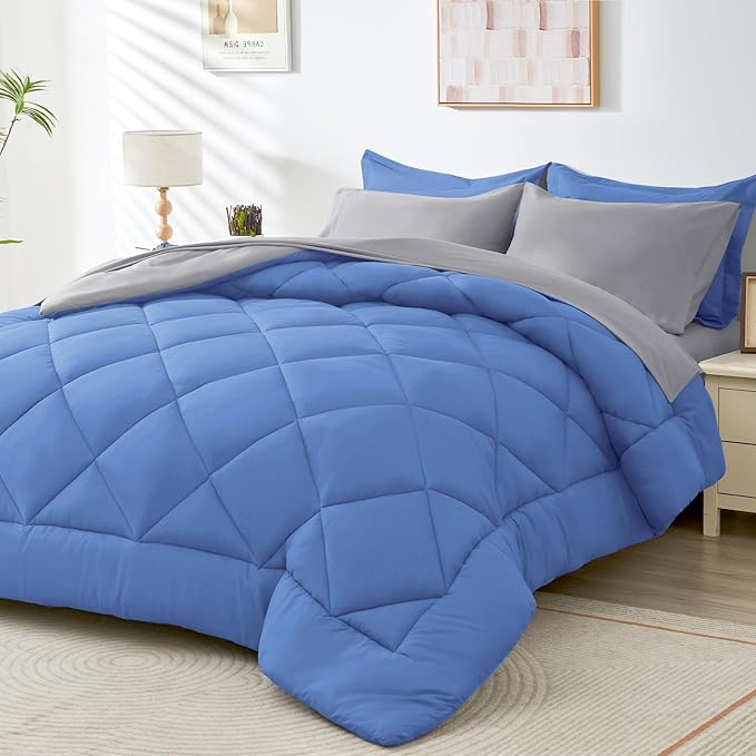 HEVUMYI Royal Blue & Light Grey Full Comforter Set - 7-Piece All Season Bed in a Bag Full, Ultra Soft Bedding Set with Comforter, Flat Sheet, Fitted Sheet, Pillowcases, Pillow Shams, Royal Blue