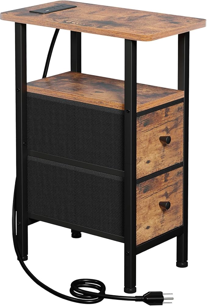Narrow End Table Living Room with Charging Station, Skinny Side Table with Fabric Drawers, Slim Nightstand for Bedroom, Small Spaces, Couch, Brown, HETNDP02BR-1