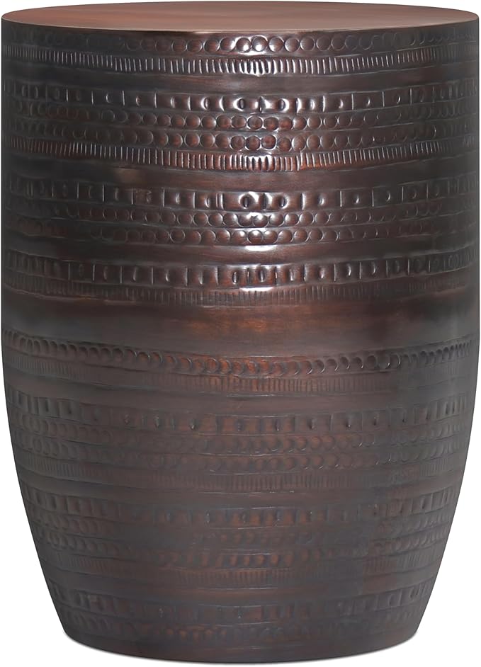 SIMPLIHOME Johnsen Metal Table - 15 inch Wide Solid Iron Drum Accent Table in Oil Rubbed Bronze with Tribal Pattern, Round Boho End Table for Living Room, Bedroom, or Home Office, Fully Assembled