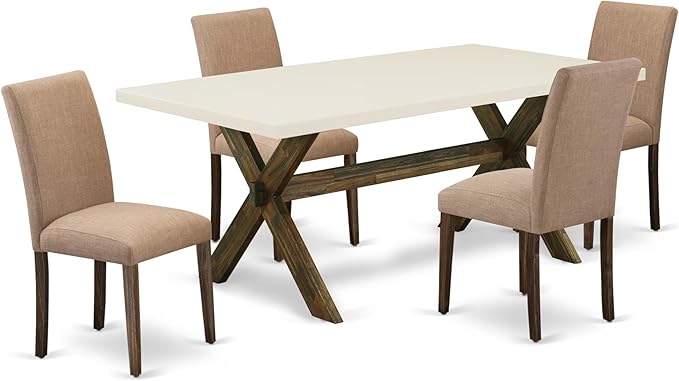 East West Furniture X727AB747-5 5 Piece Dining Set Includes a Rectangle Dining Room Table with X-Legs and 4 Light Sable Linen Fabric Upholstered Parson Chairs, 40x72 Inch, Multi-Color