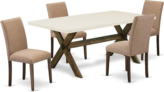 East West Furniture X727AB747-5 5 Piece Dining Set Includes a Rectangle Dining Room Table with X-Legs and 4 Light Sable Linen Fabric Upholstered Parson Chairs, 40x72 Inch, Multi-Color