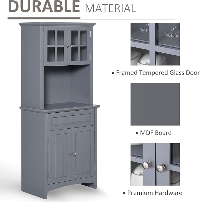 HOMCOM Elegant Buffet with Hutch, Kitchen Pantry Storage Cabinet with Framed Glass Door Drawer and Microwave Space, Grey