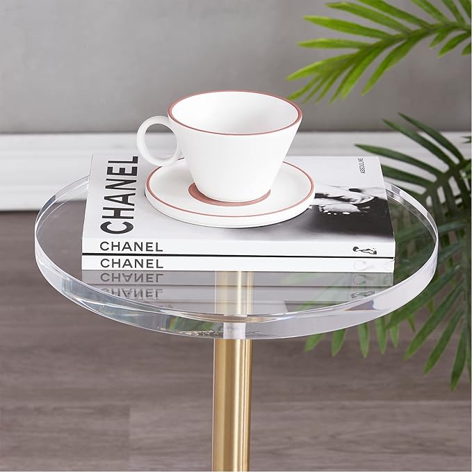 LIKENOW Furniture Acrylic Side Table,Clear Small Round End Table for Living Room,Bedroom,Office | Modern Nightstand with Marble Base,Gold Post,Clear Top for Drink,Food,Snack,Assembly(Black)