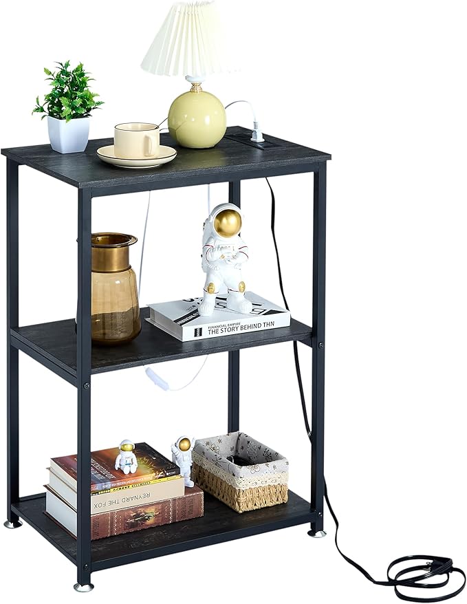 VECELO Tall End Table with Charging Station, Side Table with USB Ports and Outlets, 30" Height Nightstand with 3-Tier Storage Shelf for Living Room Bedroom Office Hallway Study