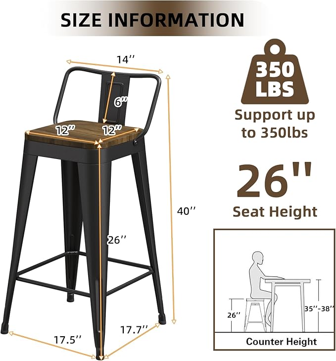 Black Bar Stools Set of 4, Metal Bar Stools with Wooden Seat, Modern 26”Counter Height Barstools with Low Back