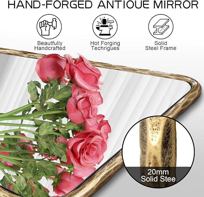 BEGINS Hand-Forged Steel Wall Mirror, 24x36 Inch Vintage Solid Steel Frame, Antique Rounded Rectangle Bathroom Mirror with Hidden Mounting Hooks, Horizontal or Vertical Hanging