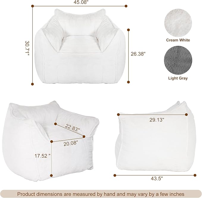 Giant Bean Bag Chair, Bean Bag Chair with Armrest for Adults, 45“W x 43.5" D Large Bean Bag Chair with Filler, Big Comfy Washable Sofa Chair for Living Room, Bedroom, Cream White