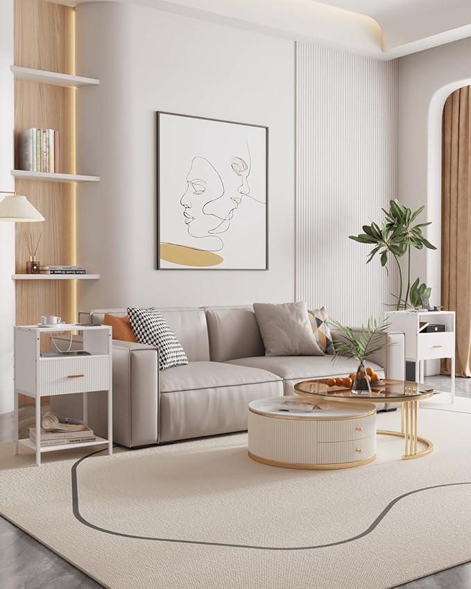 White Nightstand with Charging Station, Fluted Side Table with Drawer, Modern Bedside Table with Open Shelves for Living Room, Bedroom