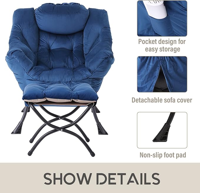LITA Lazy Chair with Ottoman, Modern Accent Leisure Upholstered Sofa Chair, Contemporary Lounge Reading Chair with Armrests and a Side Pocket for Living Room, Bedroom & Small Space, Royal Blue
