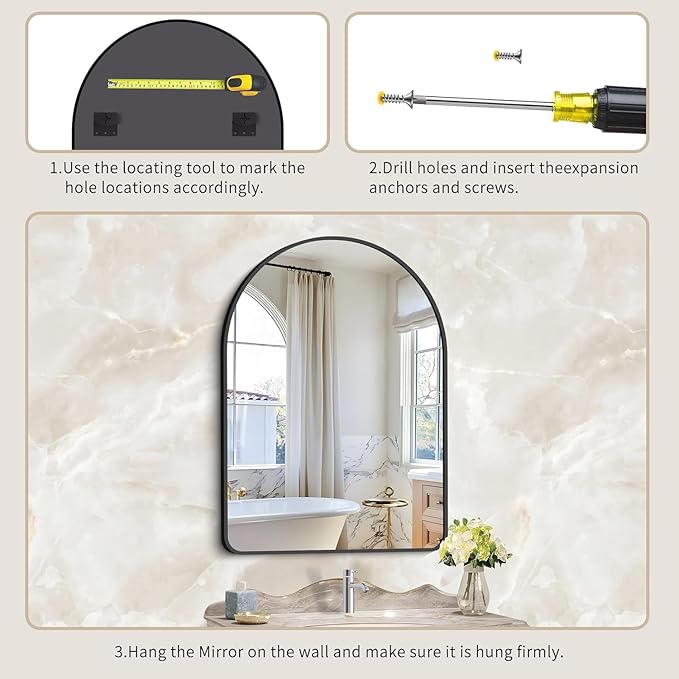 Arched Bathroom Mirror, 26"x38" Black Arched Mirror for Bathroom, Wall Mounted Mirror, Black Vanity Wall Mirror w/Metal Frame for Bedroom, Entryway, Living Room, Hanging or Leaning Against Wall