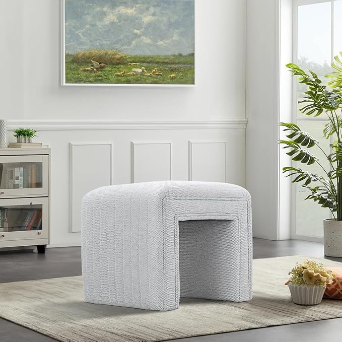Get Set Style Vanity Stool Chair,Modern Linen Ottoman Foot Stool with Wooden Legs Sofa Bench Footstool Extra Seat for Vanity,Makeup Room,Living Room,Entryway,Office (Fully Assembled)