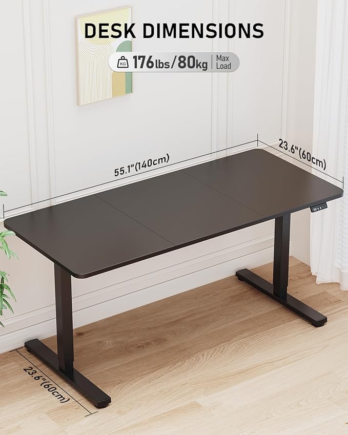 Standing Desk, Large Height Adjustable Electric Stand up Desk, 55 x 24 Inches Sit Stand Home Office Desk, with Splice Board, Black Frame/Black Top