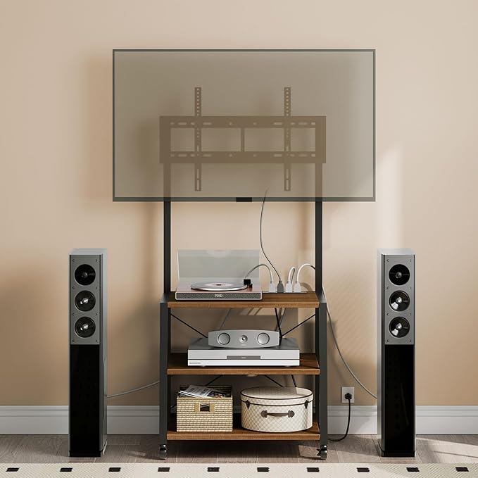 HOOBRO Rolling TV Stand with Mount and Power Outlet Up to 55 inch TV, Corner Entertainment Center, Small TV Stand with 3-Tier Storage Shelves for Living Room, Bedroom, Black and Walnut BH66UDS01