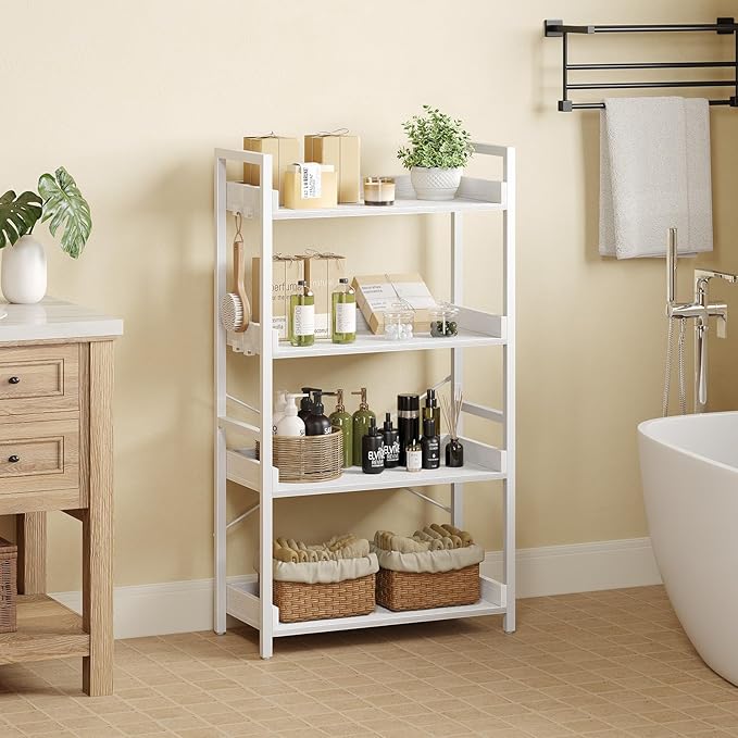 Rolanstar Bookshelf 4 Tier with 4 Hooks, Industrial Bookcase, Vintage Storage Rack with Open Shelves, Rustic Standing Bookshelves Metal Frame Display Rack for Living Room, Bedroom, White
