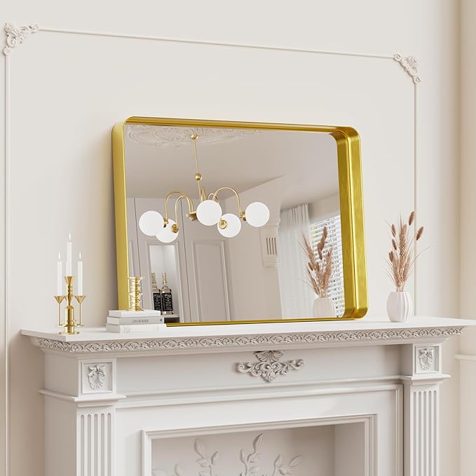 Koonmi Gold Bathroom Mirror for Wall, 22x30 Inch Matte Metal Deep Framed Rounded Corner Wall Mirror, Shatterproof Tempered Glass for Farmhouse Bedroom Entryway, Vertically or Horizontally