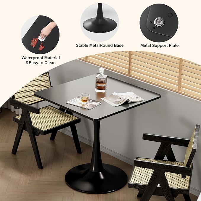 24" Black Small Dining Table for 2 or 4, Small Square Tulip Table for Kitchen, Round Corner Wood Bistro Table, Mid Century Modern Tables with Sturdy Pedestal for Living Room, Cafe, Office, Pub, Bar
