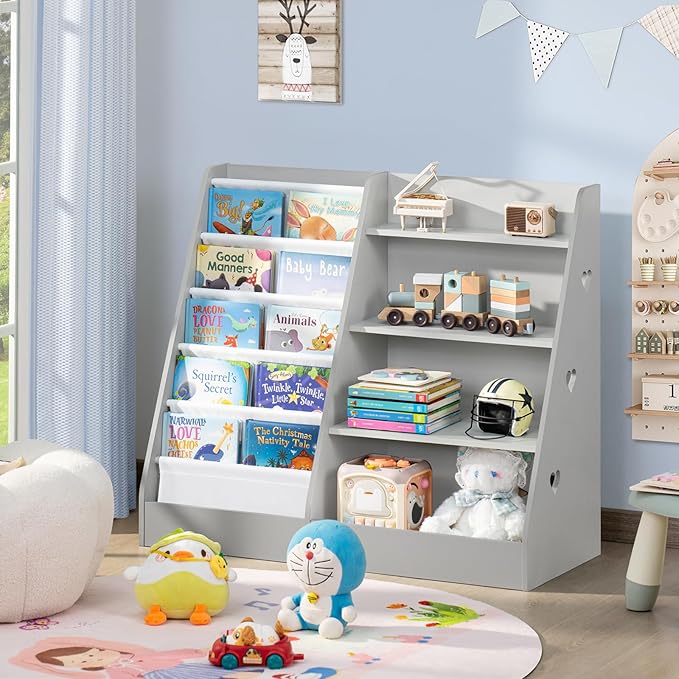Lerliuo 4 Tier Kids Bookshelf and Storage Organizer, Five Layer Sling Children Bookcase, Baby Toddler Wooden Book Shelf, Display Cabinet for Playroom, Bedroom, Classroom, Nursery, School (Grey)