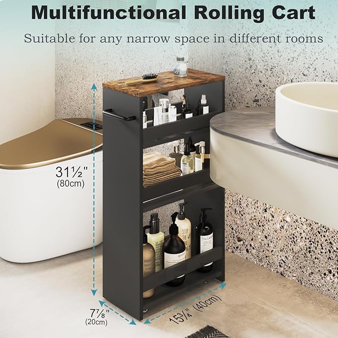 MARTY Rolling Storage Cart 7.9" W, 4-Tier Kitchen Cart with Wheels Handle, Slim Storage Cart Mobile Shelving Utility Carts for Bathroom Laundry Room Organization Narrow Places (Black)