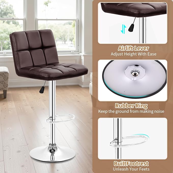 BestOffice Bar Stools Set of 2, Adjustable PU Leather Swivel Barstools, Modern Counter Stools with Back and Footrest, Counter Height Barstools for Bar, Kitchen and Dining Room