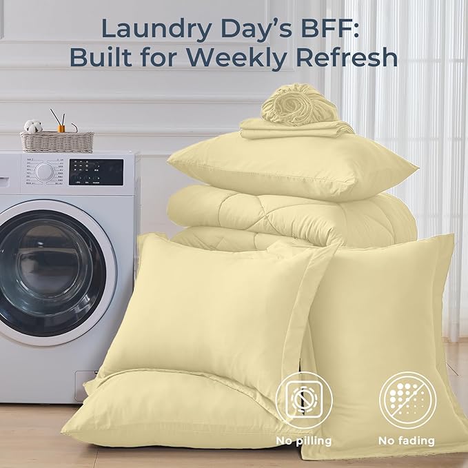 HEVUMYI Cream Yellow King Comforter Set - 7-Piece All Season Bed in a Bag King, Ultra Soft Bedding Set with Comforter, Flat Sheet, Fitted Sheet, Pillowcases, Pillow Shams