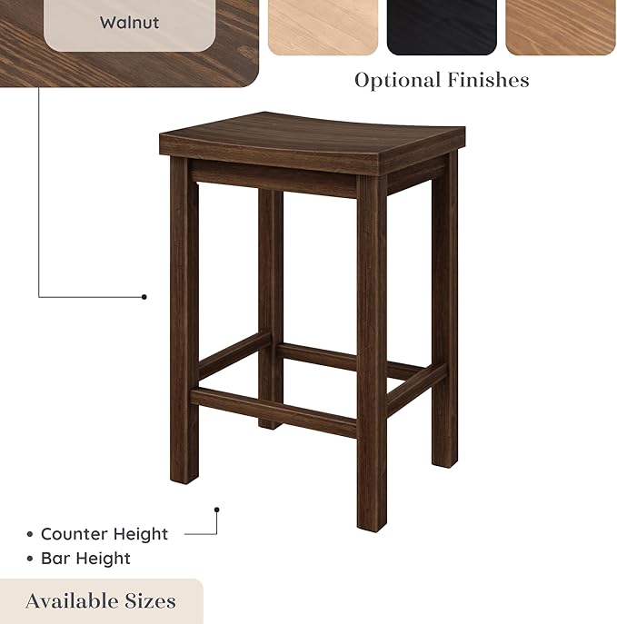 Grain & Grove Smith Collection Solid Wood Counter Height Bar Stool, 24-Inch Saddle Seat Backless Stool, Ideal for Kitchen Island, Dining, or Home Bar Seating, Walnut