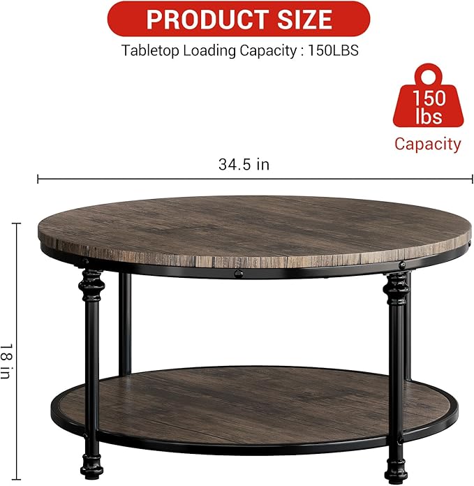 34.25in Round Wood Coffee Table,2-Tier Small Coffee Table with Storage Shelf Modern Design Home Furniture for Living Room, Apartment，Light Walnut