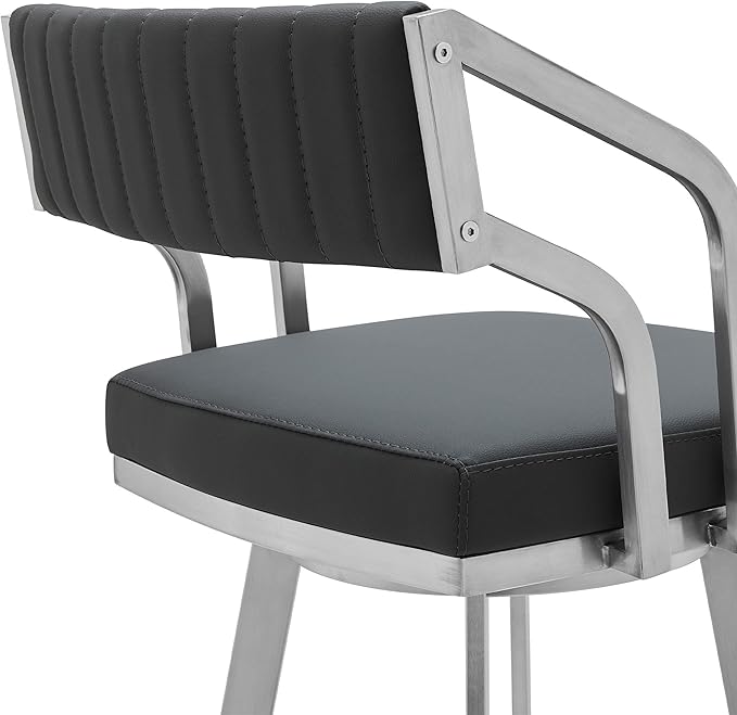 Armen Living Capri Modern 30" Seat Height Gray Faux Leather and Brushed Stainless Steel Metal Swivel Bar Stool for Kitchen Island Counter