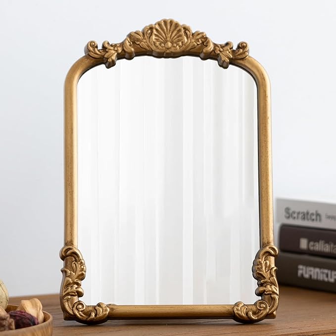 Vintage Vanity Mirror Small Gold Makeup Desk Mirror with Stand Antique Traditional Arched Table Mirror 8.5x12 for Countertop Tabletop Living Room Bedroom Bathroom
