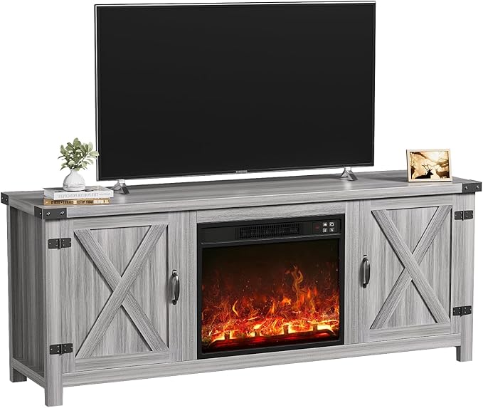 YESHOMY Fireplace TV Stand with Two Barn Doors and Storage Cabinets for Televisions up to 65+ Inch, Entertainment Center Console Table, Media Furniture for Living Room, 58 Inch, Gray Wash