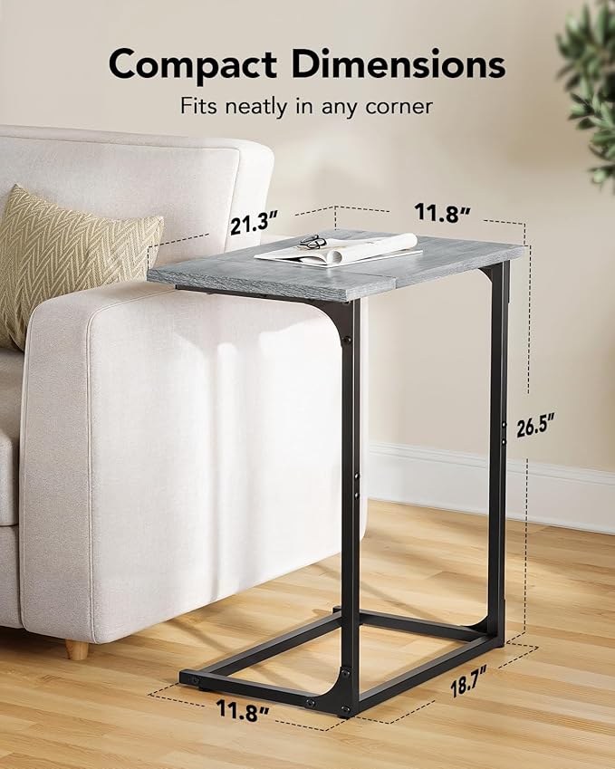 Pipishell C-Shaped Side Table, C-Table for Sofa, Couch Table with Metal Frame, Large Surface Sofa Table for Living Room, Bedroom, and Home Office, Rustic Design, PIET11G