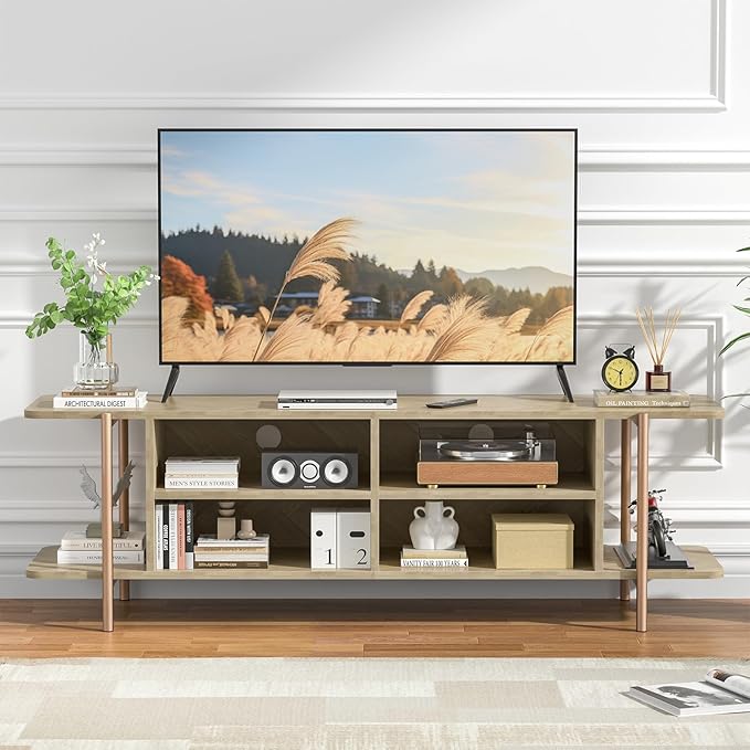 Giluta TV Stand for TV up to 75 Inch, Wood TV Cabinet with Open Storage, Entertainment Center TV Console Table, Coffee Table for Living Room (Light Oak)