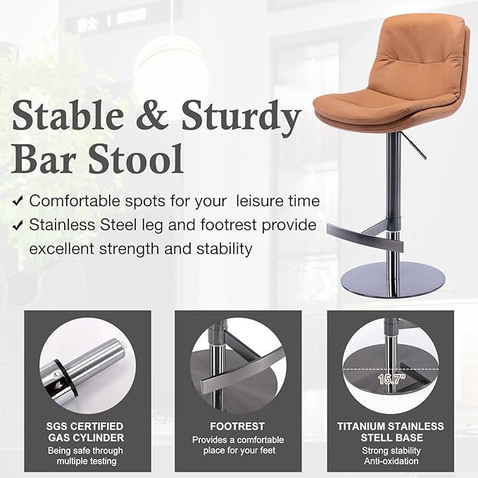 CozyRain Bar Stools Adjustable Stainless Steel Swivel Barstool with Back and Footrest,Modern Faux Leather Upholstered Bar Chairs for Home Kitchen,Bar, Counter Black/Light Brown (Light Brown)