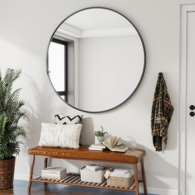 Black Round Bathroom Mirror, 48 inch Large Circle Wall Mounted Hanging Mirror with Simple Modern Circular Metal Frame for Hallway, Entryway, Living Room, Black Frame