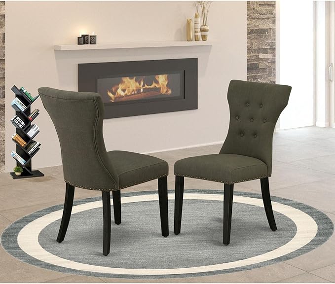 East West Furniture GAP6T50 Gallatin Parson Chairs - Button Tufted Nailhead Trim Dark Gotham Linen Fabric Upholstered Dining Chairs, Set of 2, Wirebrushed Black